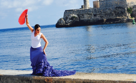 Flamenco dancer in red, white and blue flamenco dress